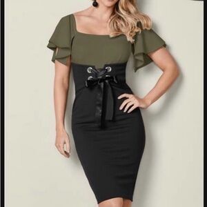 NEW!! Bodycon Chic Olive and Black Dress with Lace-Up Detail